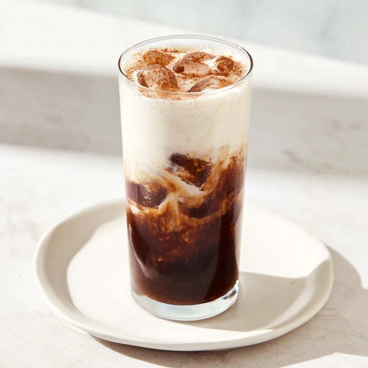 Picture of an Iced Brown Sugar Oat Latte, showcasing the rich swirl of espresso and oat milk.
