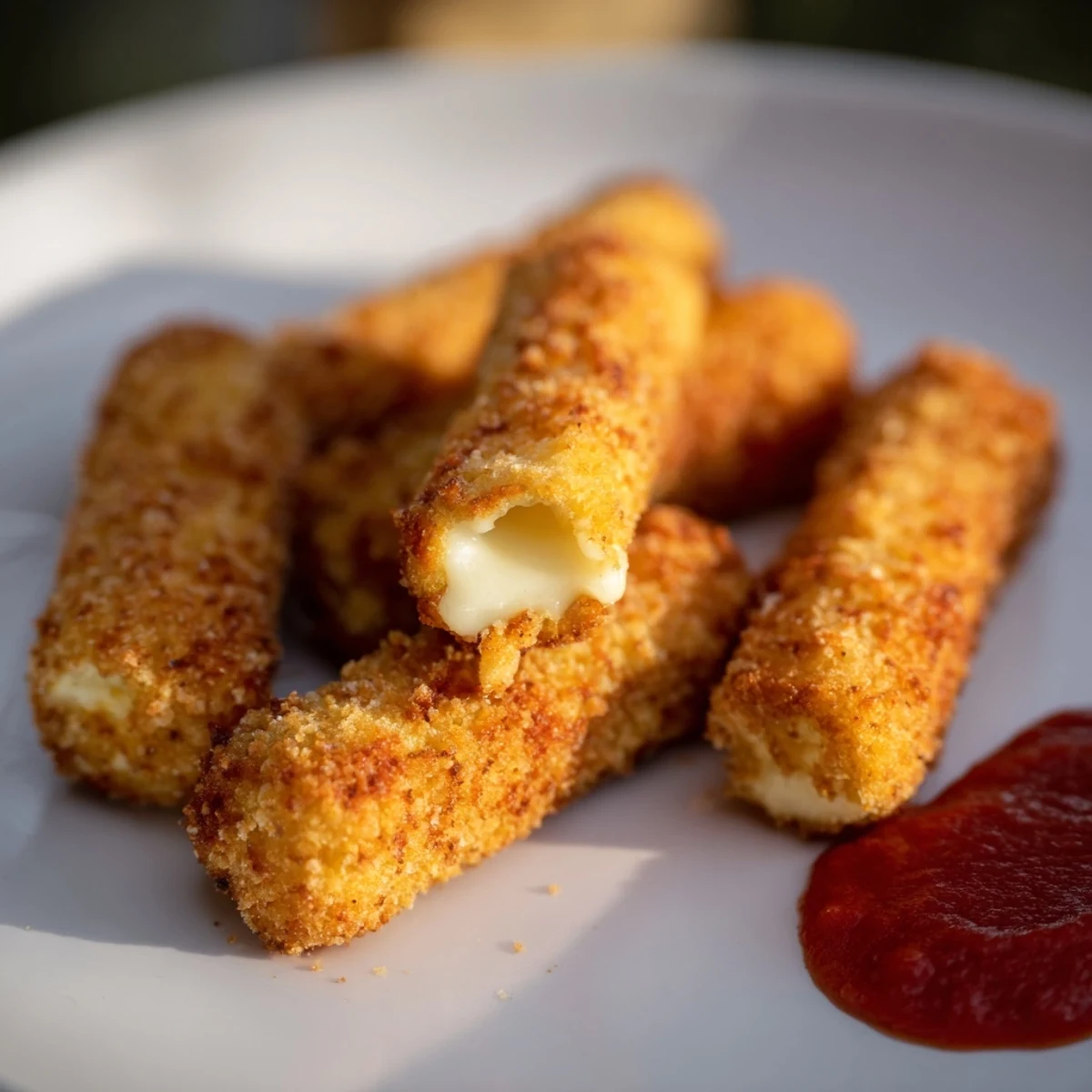Golden, crispy air fryer mozzarella sticks, perfect for dipping in warm marinara sauce.