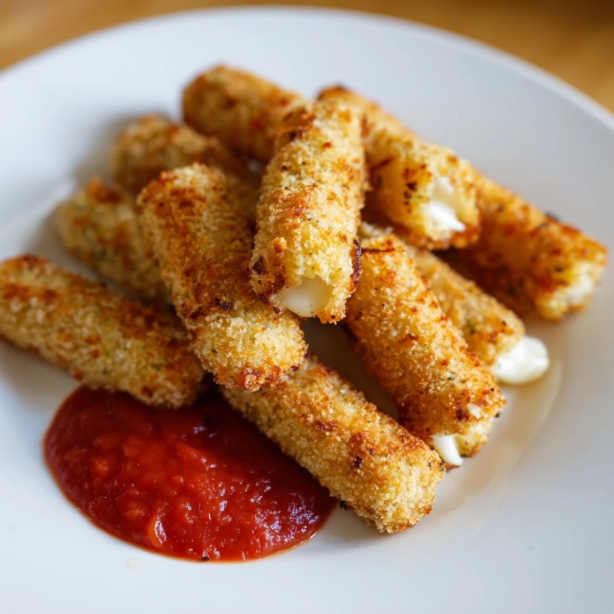 Melted, stringy cheese inside these easy appetizer air fryer mozzarella sticks, ready in minutes.