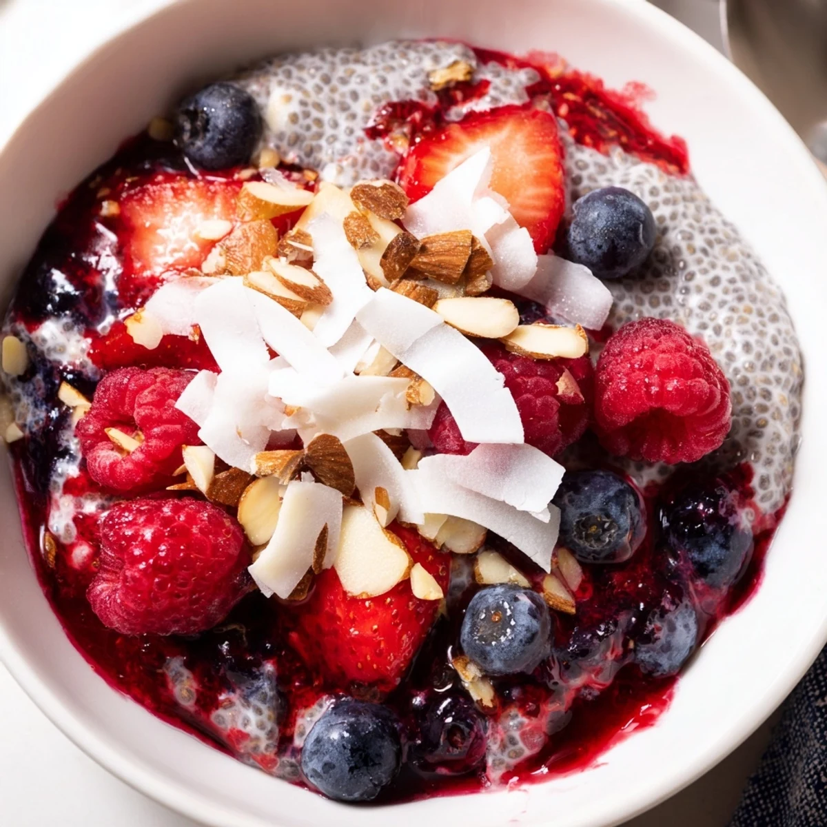 Imagine a refreshing bowl of Berry Chia Pudding with a drizzle of maple syrup and almond slices.