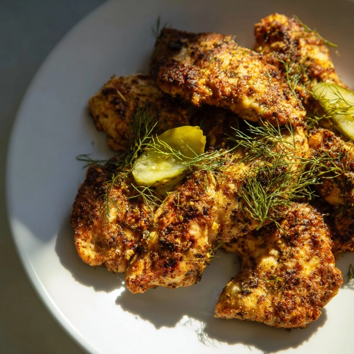Golden, oven-baked Pickle Ranch Chicken with crispy edges, ready to serve with fresh dill.