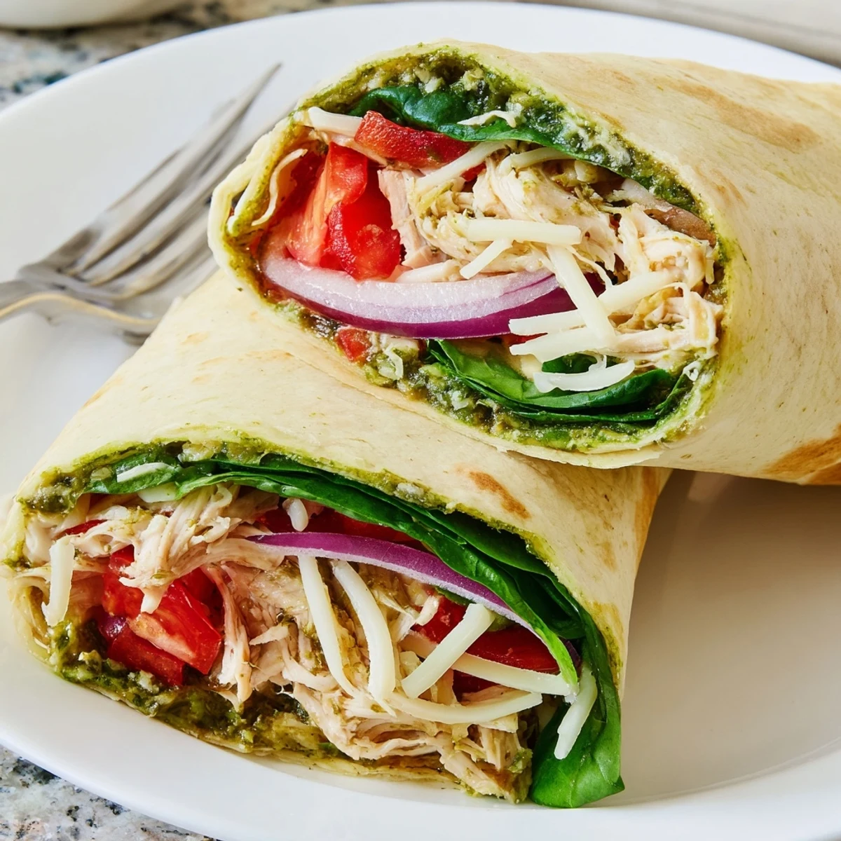 Pesto Chicken Wrap, filled with savory chicken, mozzarella, fresh spinach, and ripe tomatoes, ready to eat.