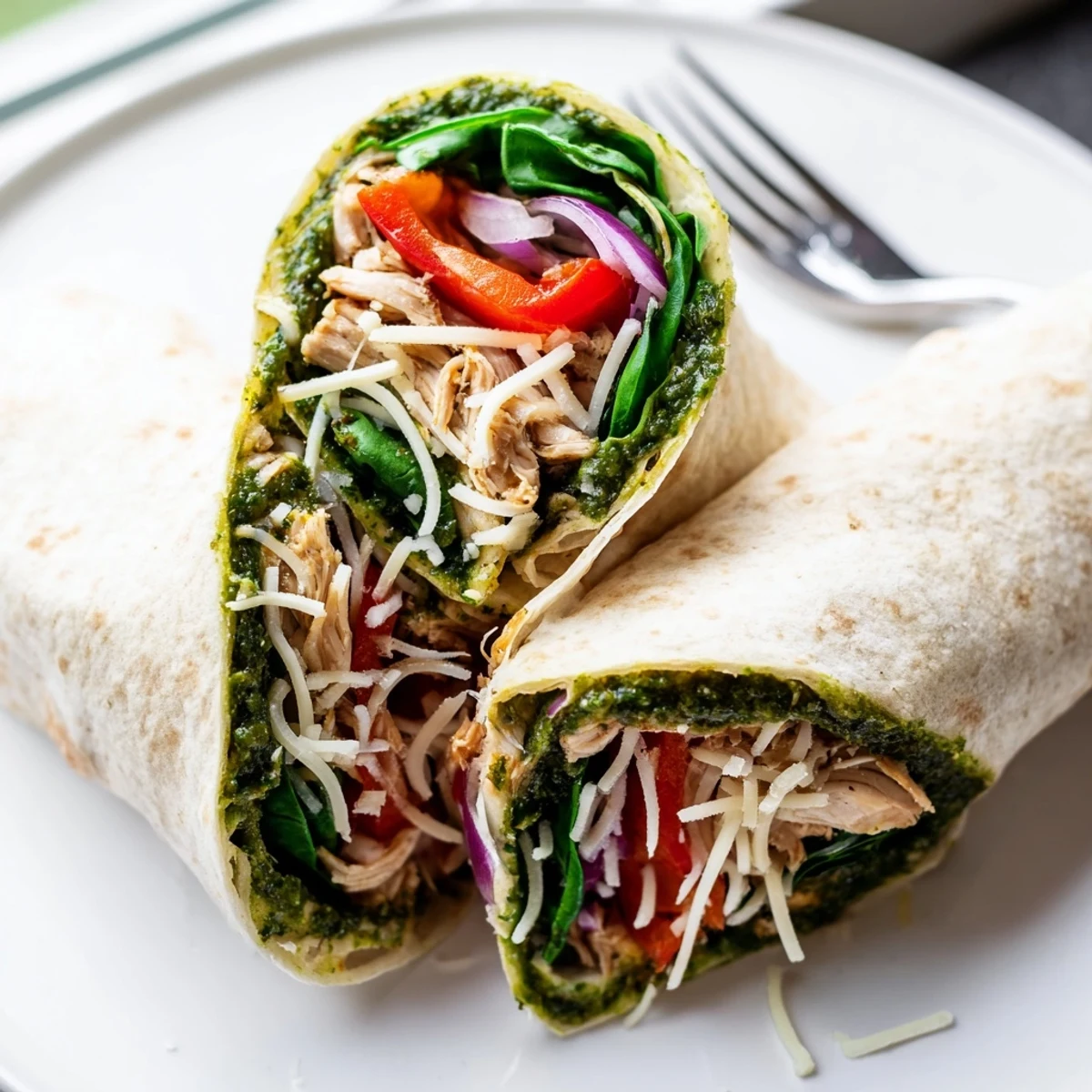 Perfectly rolled Pesto Chicken Wrap, cut in half, revealing the colorful, flavorful filling ingredients.