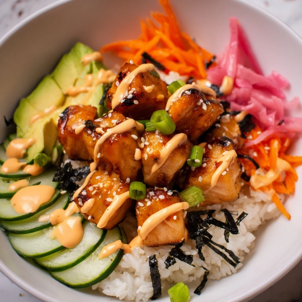 Vibrant image of a salmon bites bowl loaded with fresh veggies and drizzled with spicy mayo.