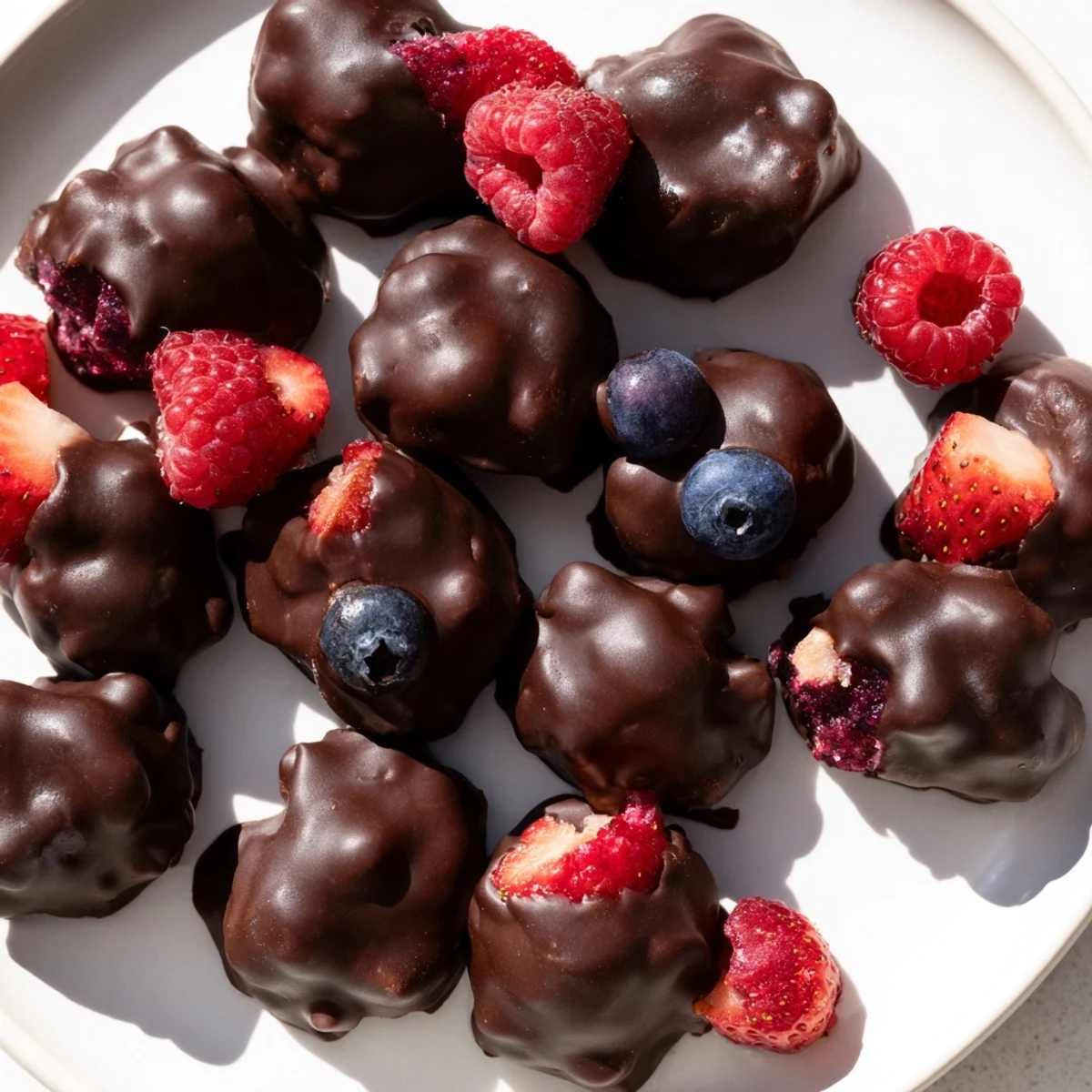 Frozen Chocolate Yogurt Clusters ready to eat; dark chocolate encases creamy yogurt and fresh berries.
