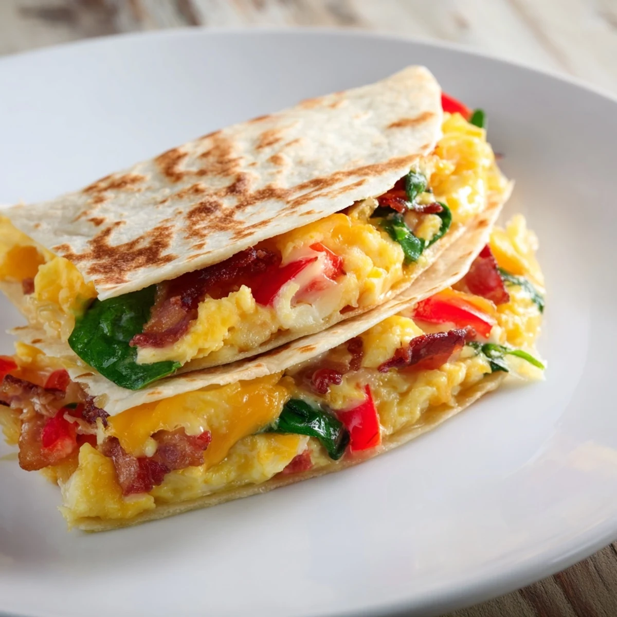 Golden, crispy Breakfast Quesadilla Hack with melted cheese, savory eggs, and bacon, ready to enjoy.