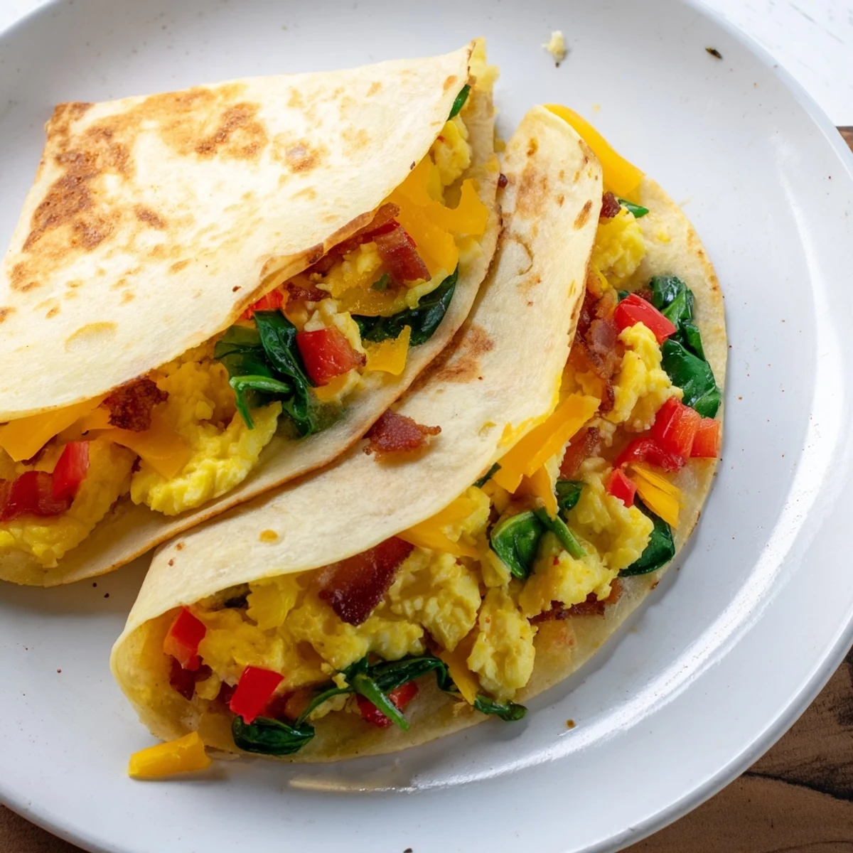 A close-up of a neatly folded Breakfast Quesadilla Hack, showcasing the layered fillings and golden tortilla.