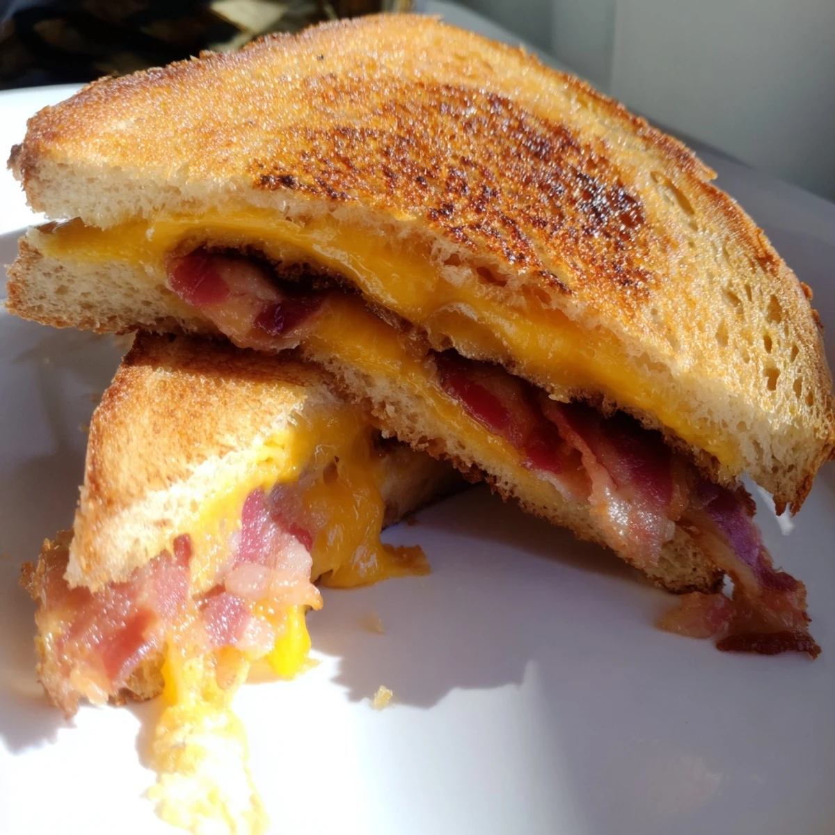 Golden, bubbly Crispy Bacon Cheddar Grilled Cheese with visible melted cheese and crispy bacon slices inside.