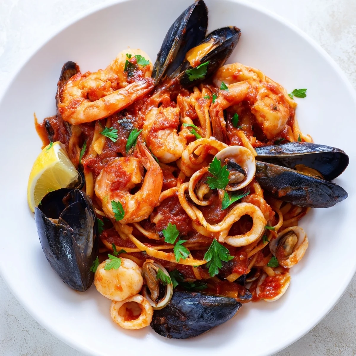 Steaming plate of Seafood Marinara Pasta, fresh seafood in a rich, flavorful tomato sauce.