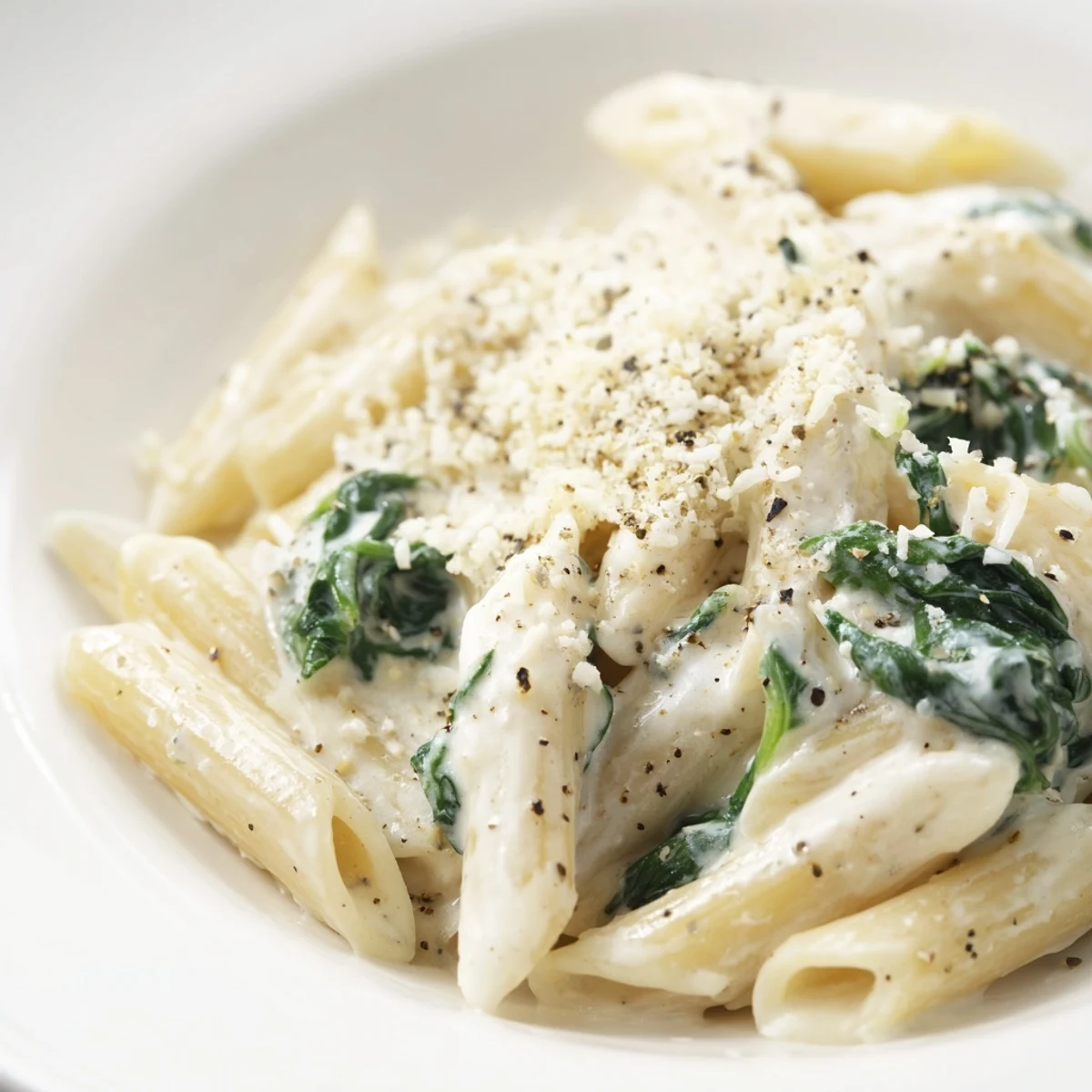 Creamy spinach pasta, a comforting bowl of pasta coated in rich, velvety cream sauce with fresh spinach.