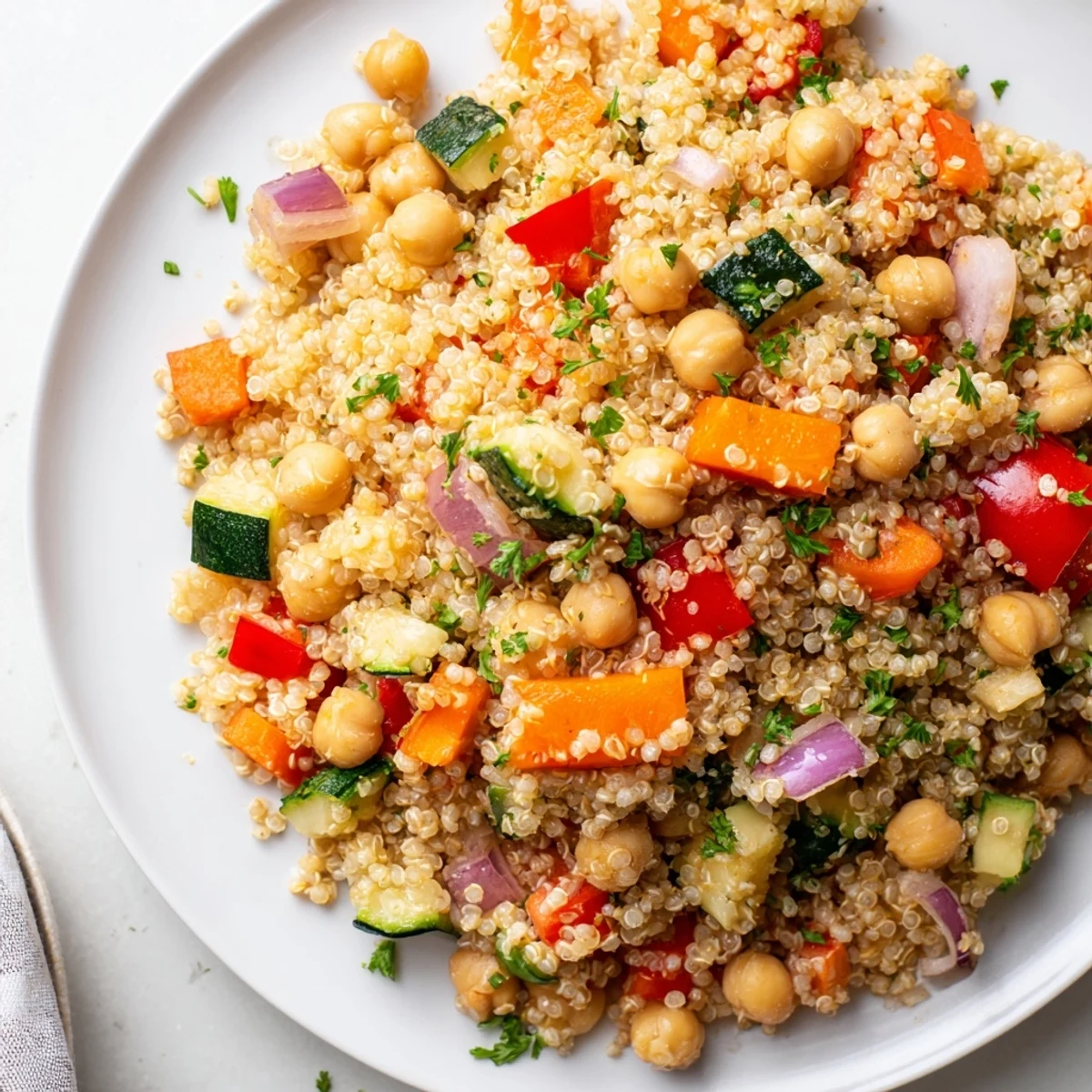Fluffy quinoa power salad with roasted vegetables, chickpeas, and creamy tahini dressing, delicious!