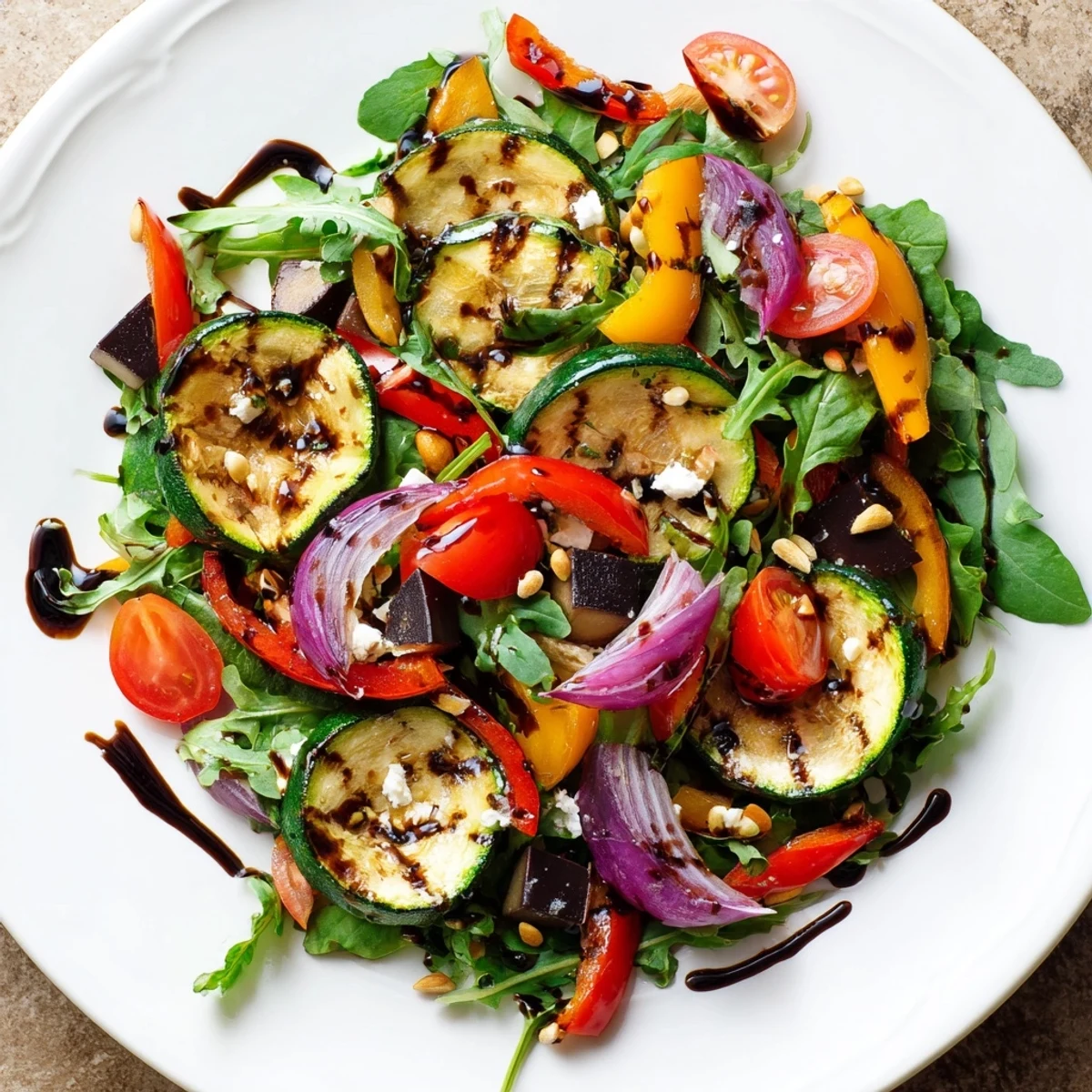 A colorful Roasted Vegetable Salad, the roasted vegetables are tender, and the balsamic dressing shines.