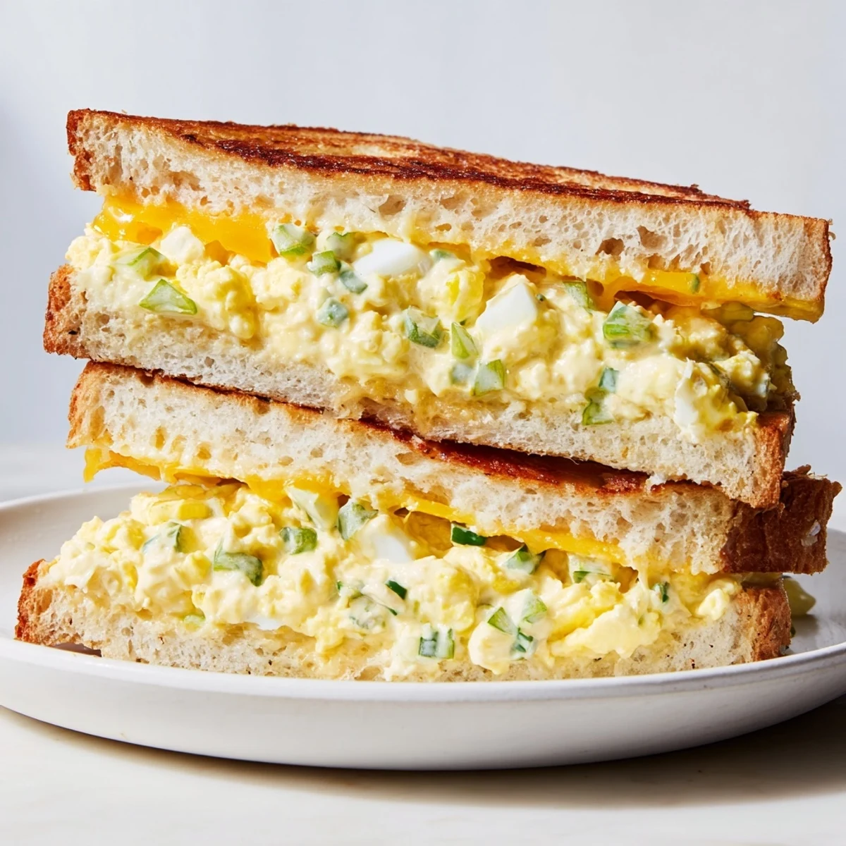 Close-up of a delicious Egg Salad Grilled Cheese sandwich, oozing with creamy egg salad.
