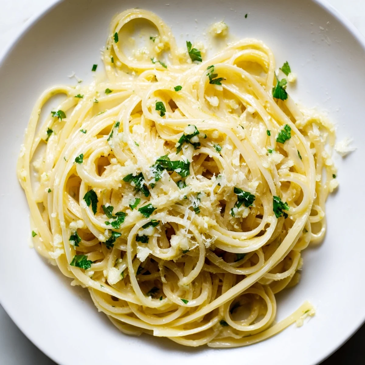Golden garlic butter linguine, glistening with herbs and Parmesan, ready for a delicious Italian dinner.
