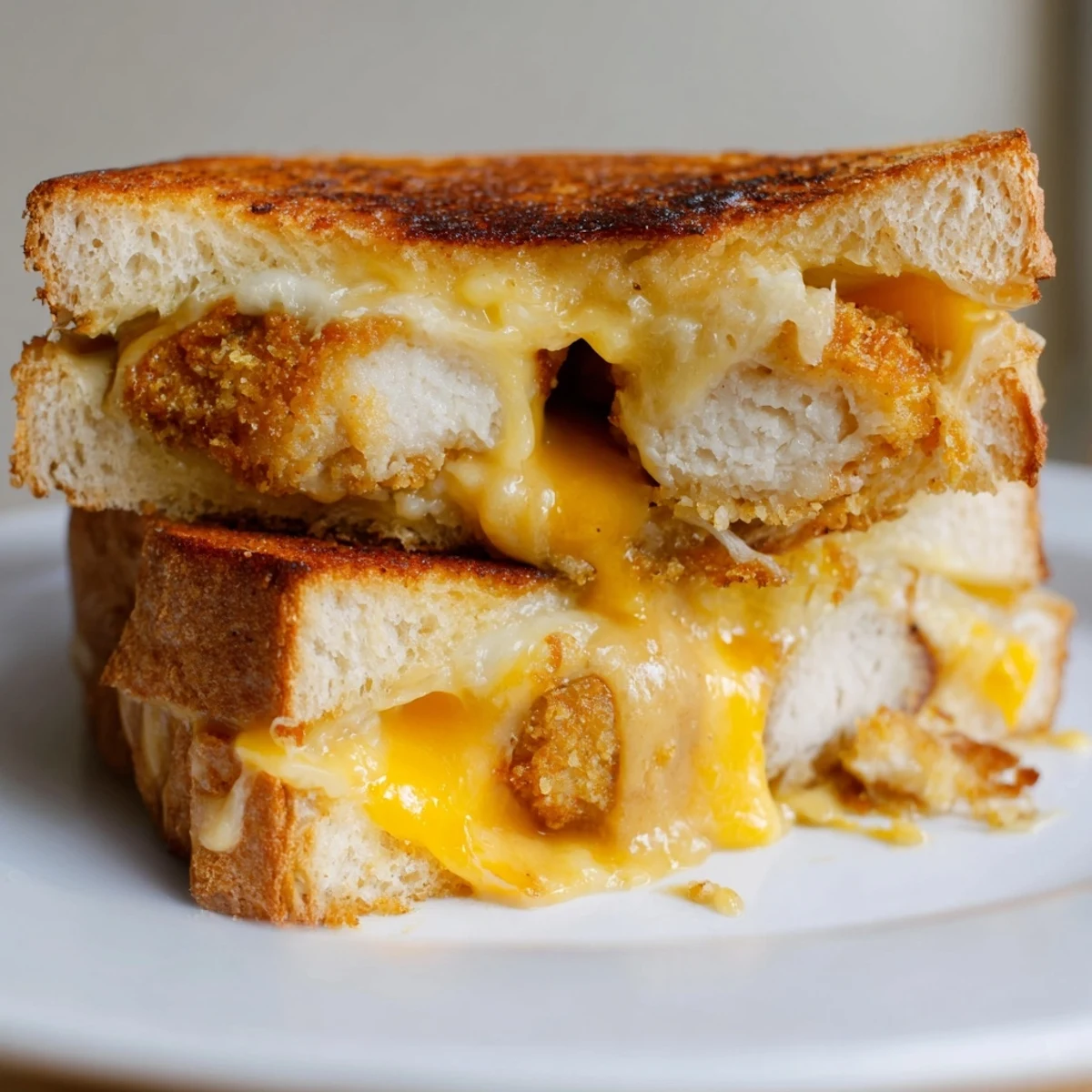 Golden-brown Chicken Nugget Grilled Cheese sandwich oozing melted cheddar, a kid-friendly American comfort food.