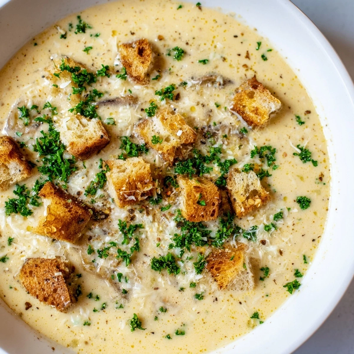 Creamy garlic bread soup, a rich and velvety soup ready to warm you and your family.