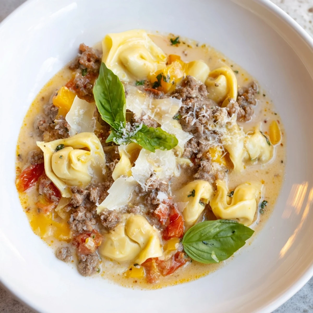 Steaming bowl of Tortellini Beef Soup, brimming with tender tortellini and a creamy broth, inviting enjoyment.