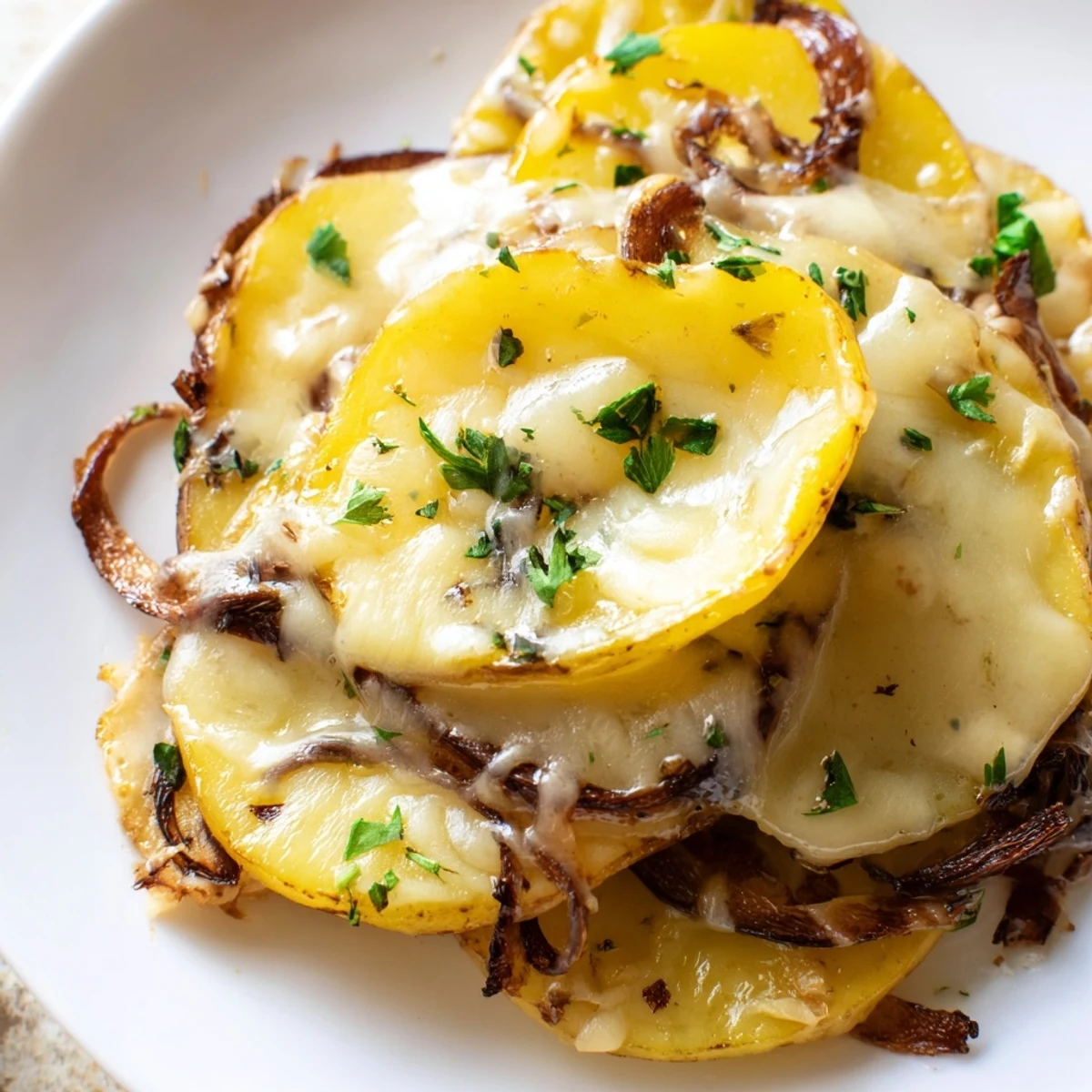 Golden, bubbly French Onion Soup Potatoes with melted Gruyère, a comforting vegetarian side dish.