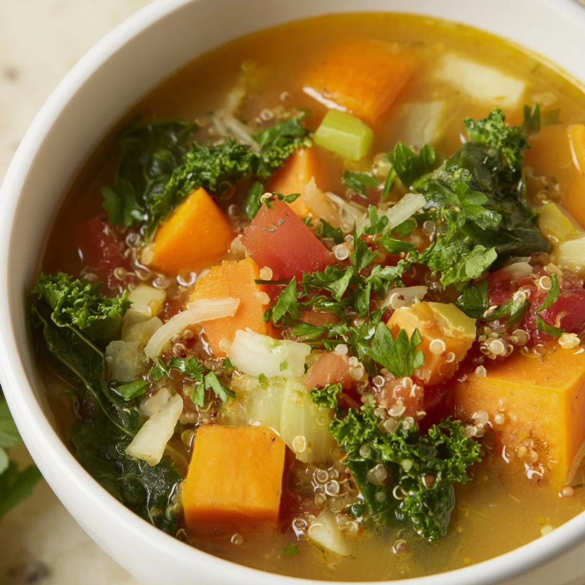 Steaming bowl of Nourishing Winter Veggie Soup, vibrant with colorful vegetables, ready to eat.