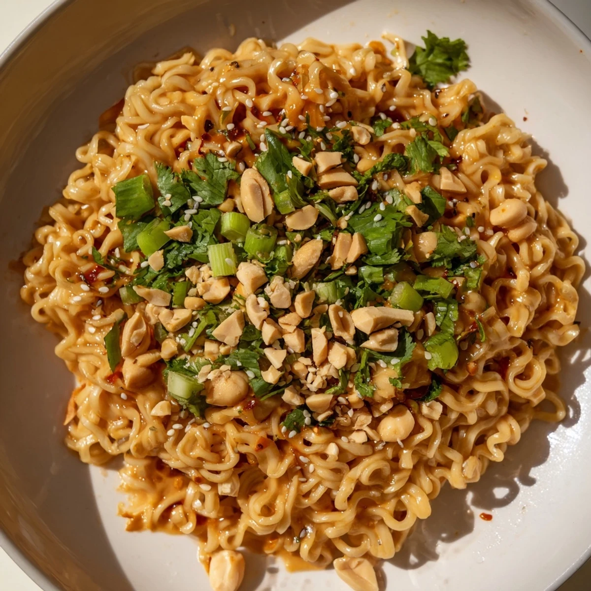 Steaming bowl of Instant Peanut Thai Sauce Noodles, garnished for a quick and delicious Thai-inspired lunch.