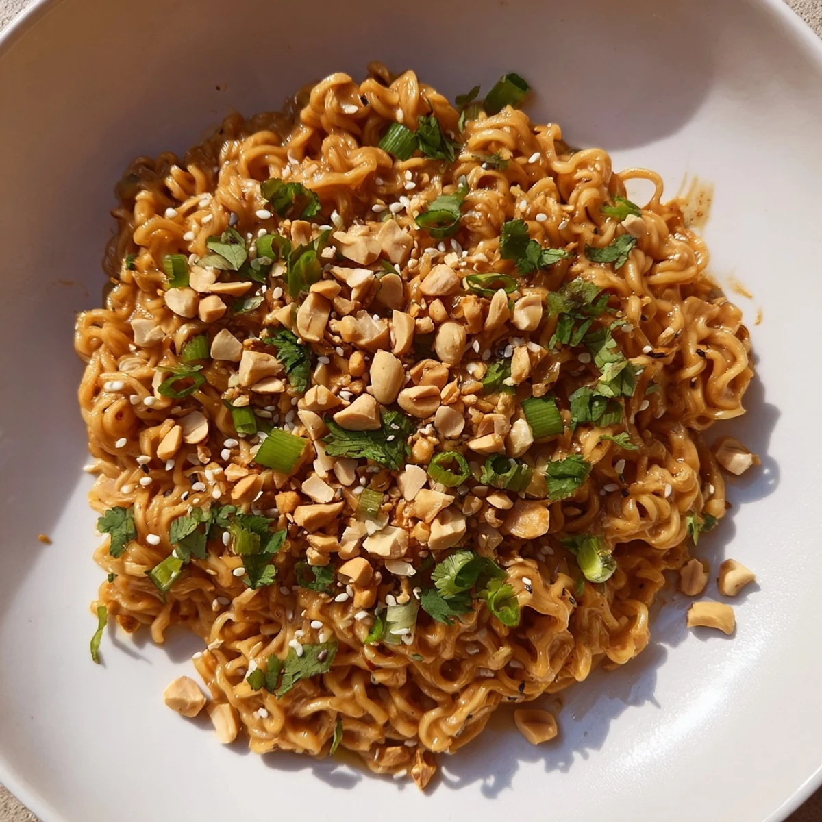 Bright image of finished Instant Peanut Thai Sauce Noodles, ready to eat with fresh cilantro and lime.