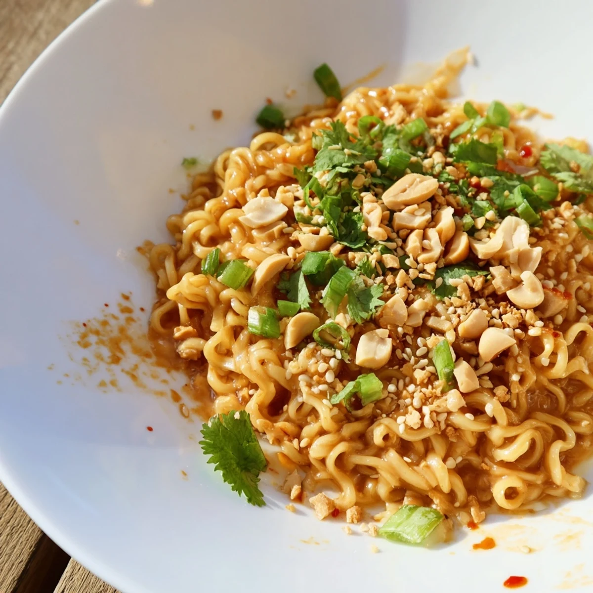 A close-up of creamy Instant Peanut Thai Sauce Noodles, showcasing delicious texture and toppings.