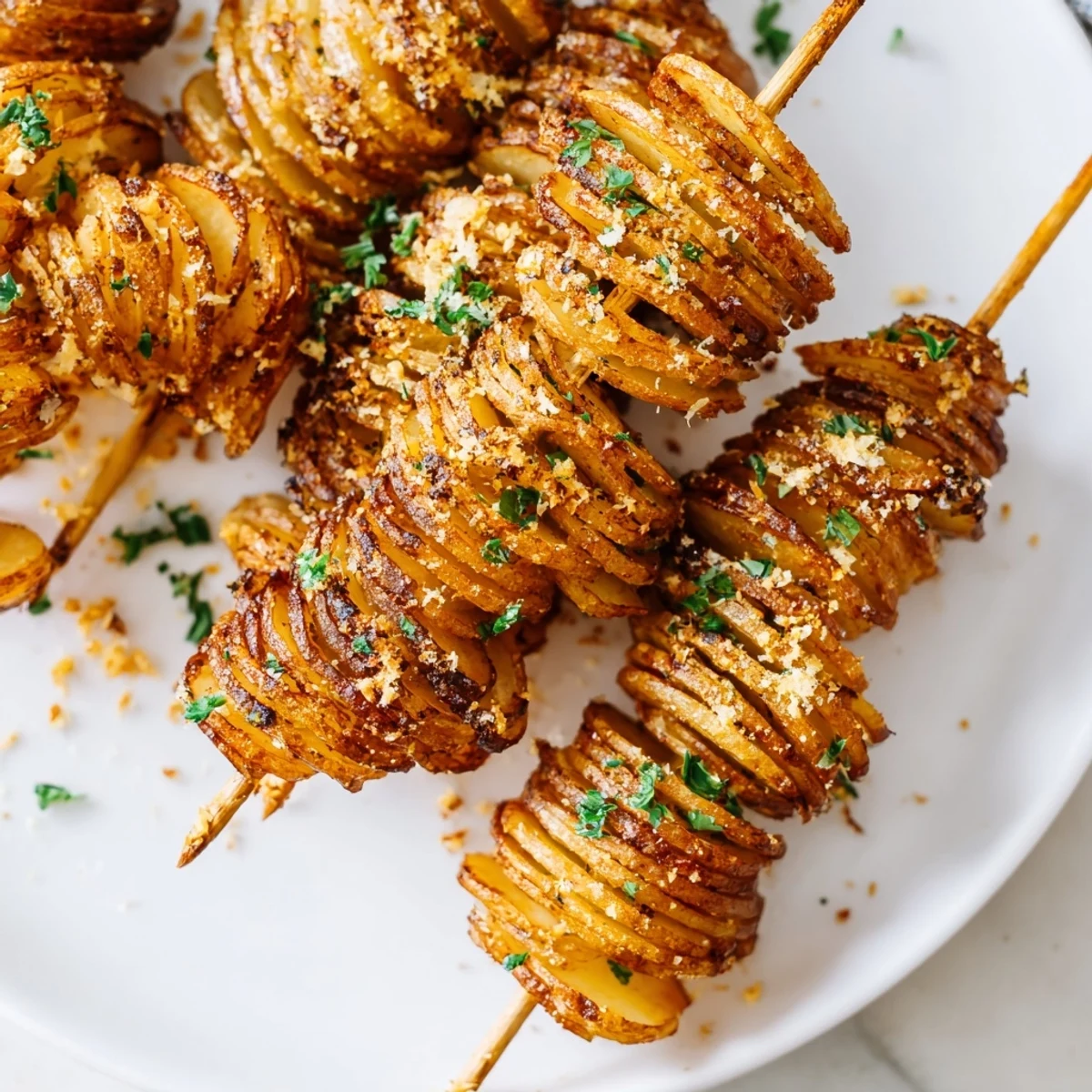 Crispy Tornado Potatoes on skewers, seasoned and baked until golden brown, ready to enjoy.