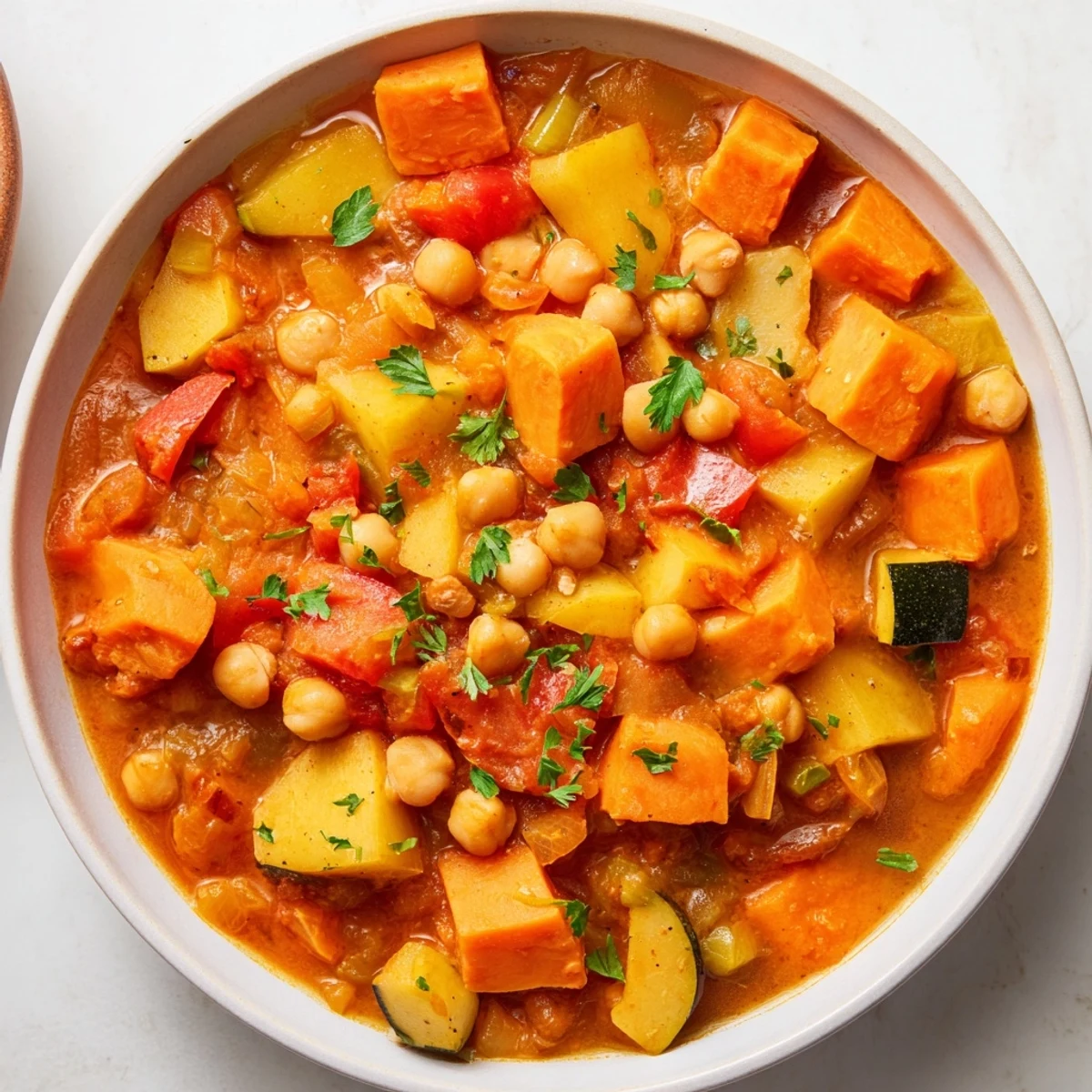 A steaming bowl of Hearty Vegan Sweet Potato Stew, filled with vibrant vegetables.