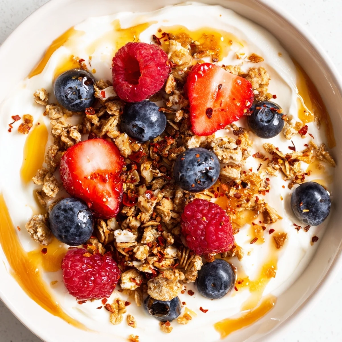 Close-up view of a Cottage Cheese Hot Honey Bowl with vibrant berries, a sweet and spicy treat.