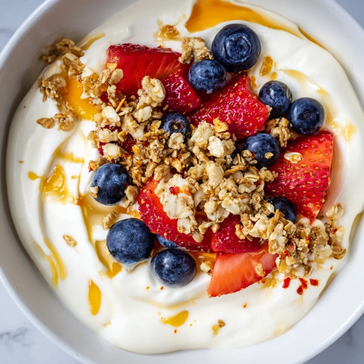 A visually appealing shot of the Cottage Cheese Hot Honey Bowl, ready to eat with a perfect balance of sweet and heat.