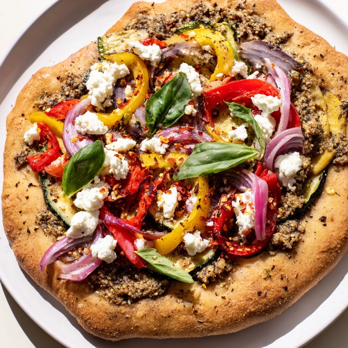Naan Bread Pizza sizzling from the oven, layered with roasted vegetables and creamy feta cheese.