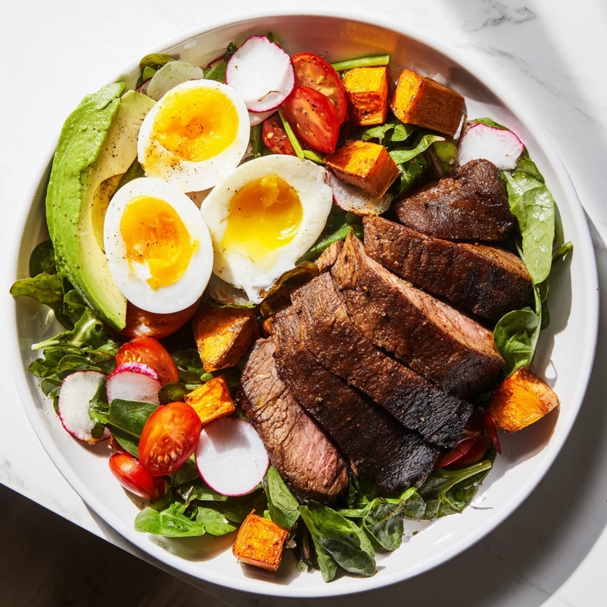 Tender beef atop a High-Protein Beef Avocado Bowl, alongside roasted sweet potato and creamy avocado slices.