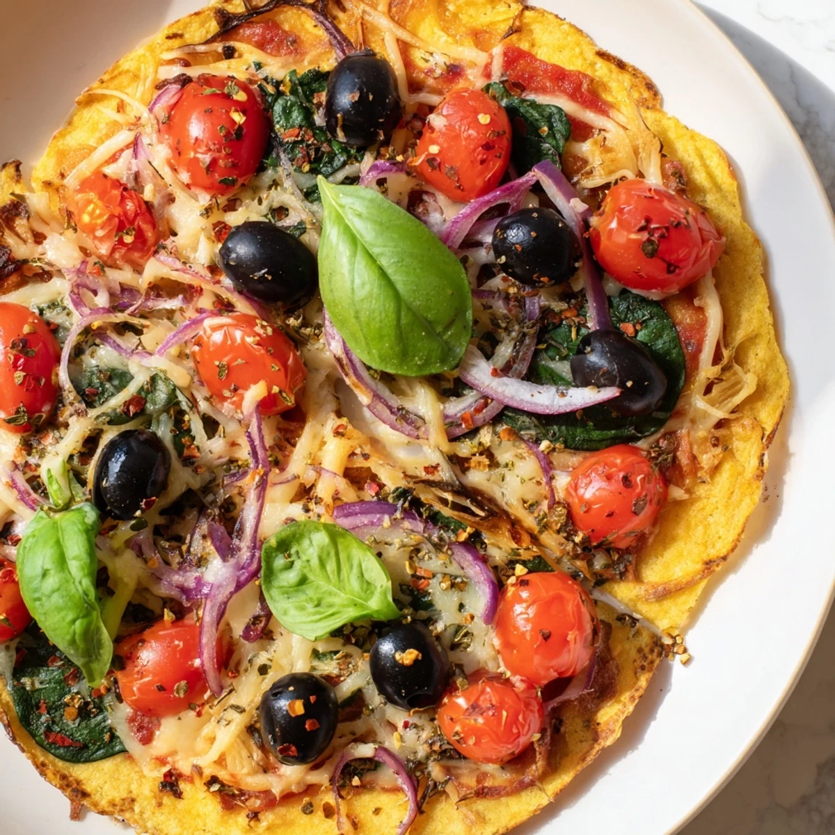 Golden-brown Crispy Tortilla Pizza, oozing melted cheese and topped with fresh, vibrant toppings.