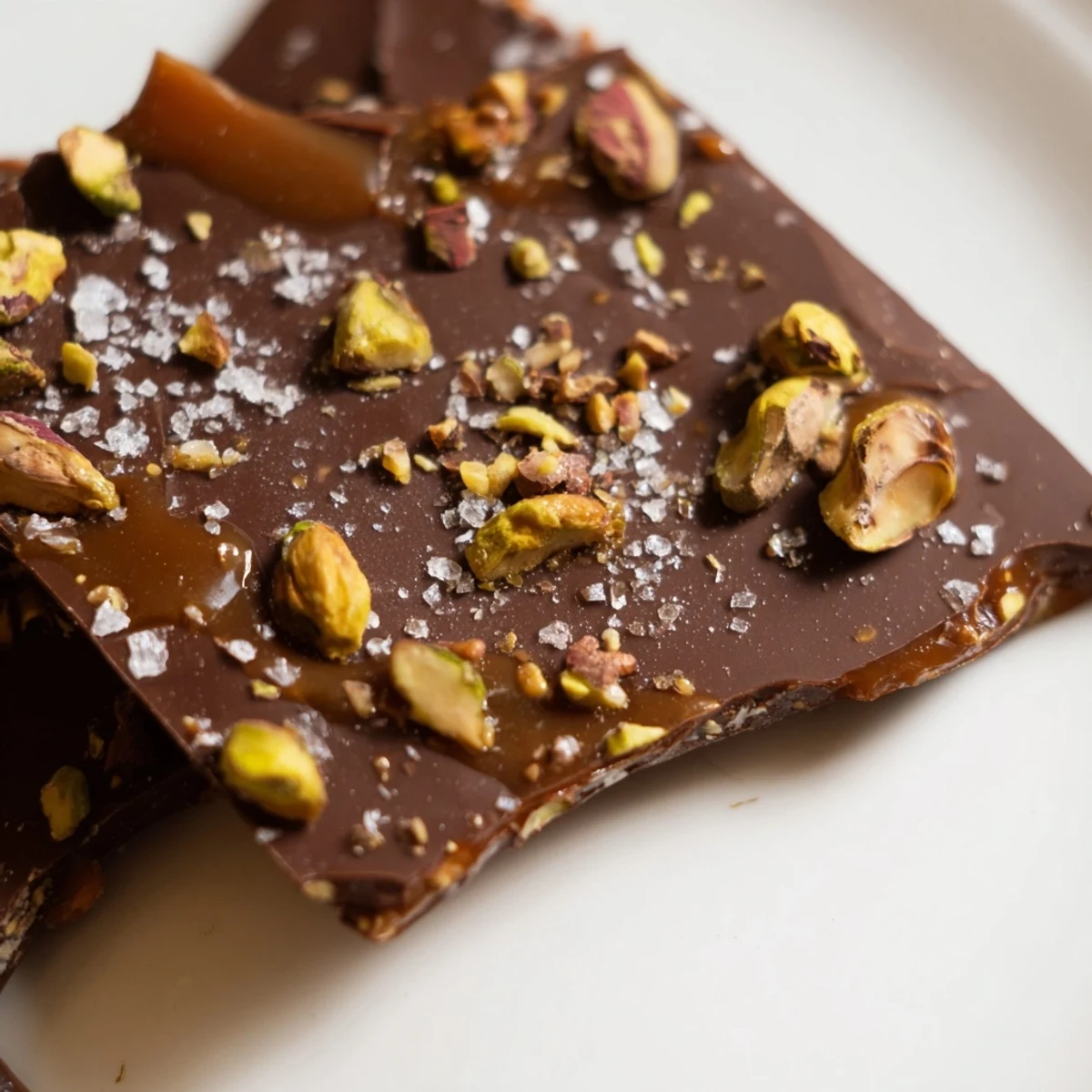 Get ready for a sweet treat: Picture the rich dark chocolate Pistachio Salted Caramel Bark, ready to break apart.