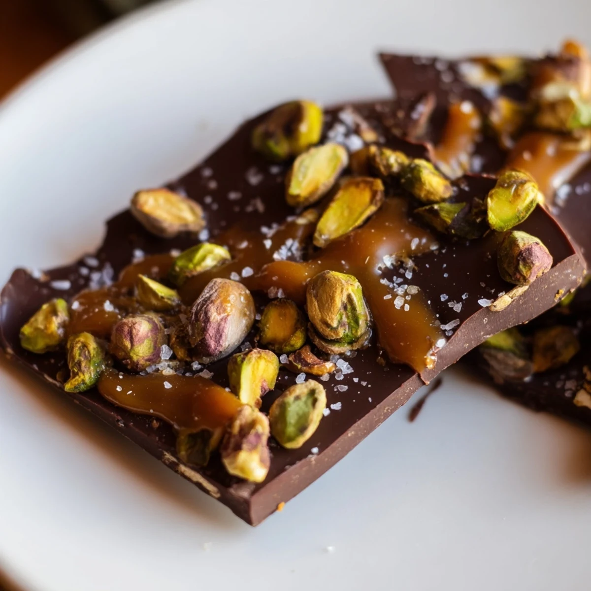Homemade Pistachio Salted Caramel Bark with a beautiful, glistening caramel layer and flaky sea salt.