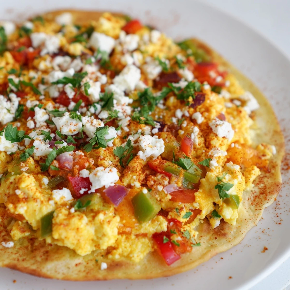 A close-up of vibrant Turkish Menemen Eggs Pizza, crispy crust laden with flavorful scrambled eggs & peppers.