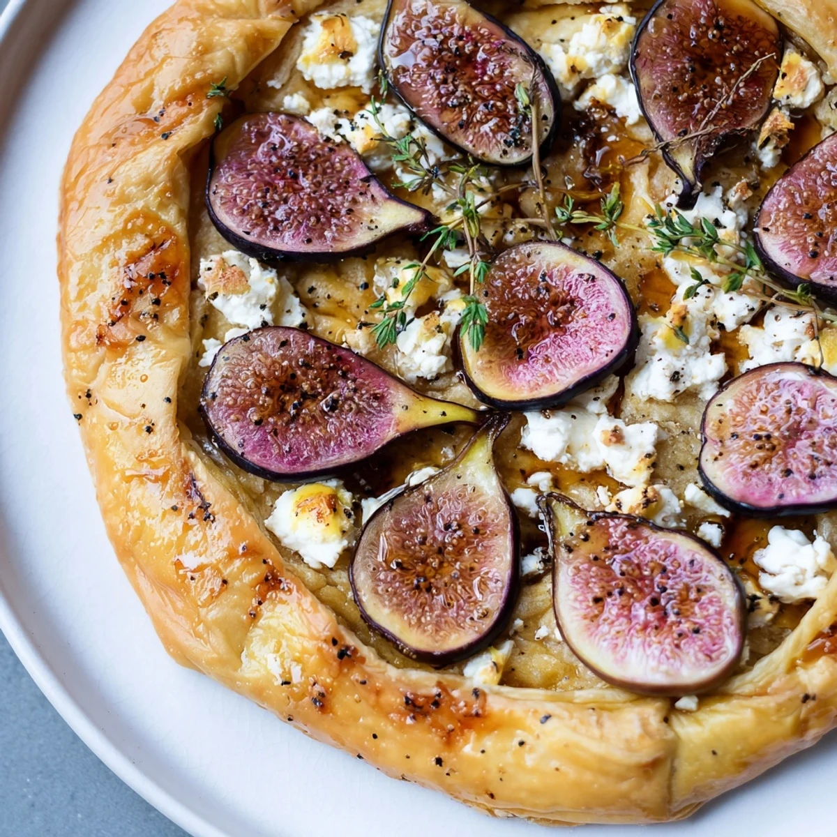 Golden baked puff pastry truffle pizza with figs, goat cheese, and a honey drizzle.