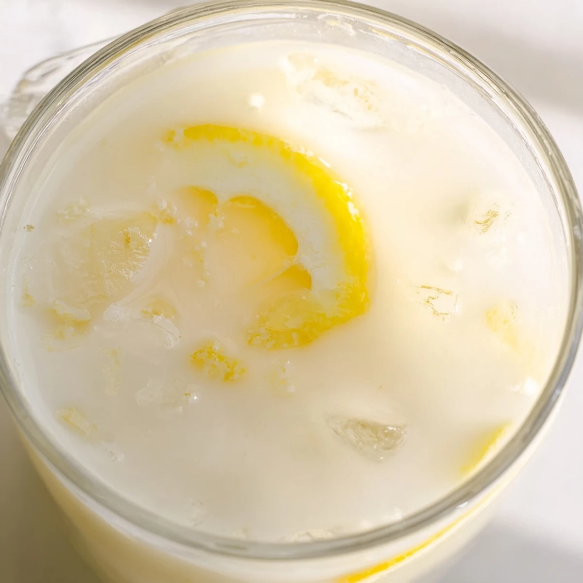 Close-up on a frothy glass of creamy lemonade, condensation beading on the side and a bright citrus garnish.