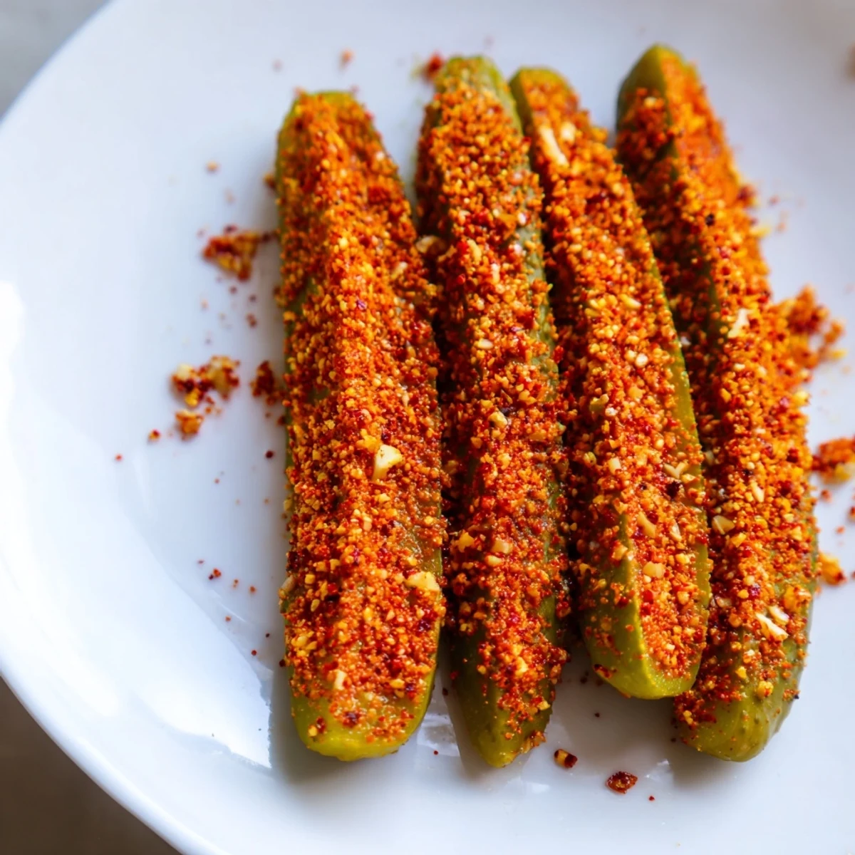 Crisp dill pickles marinated in bold taco seasoning in a jar, ready to serve as a spicy, tangy snack.  