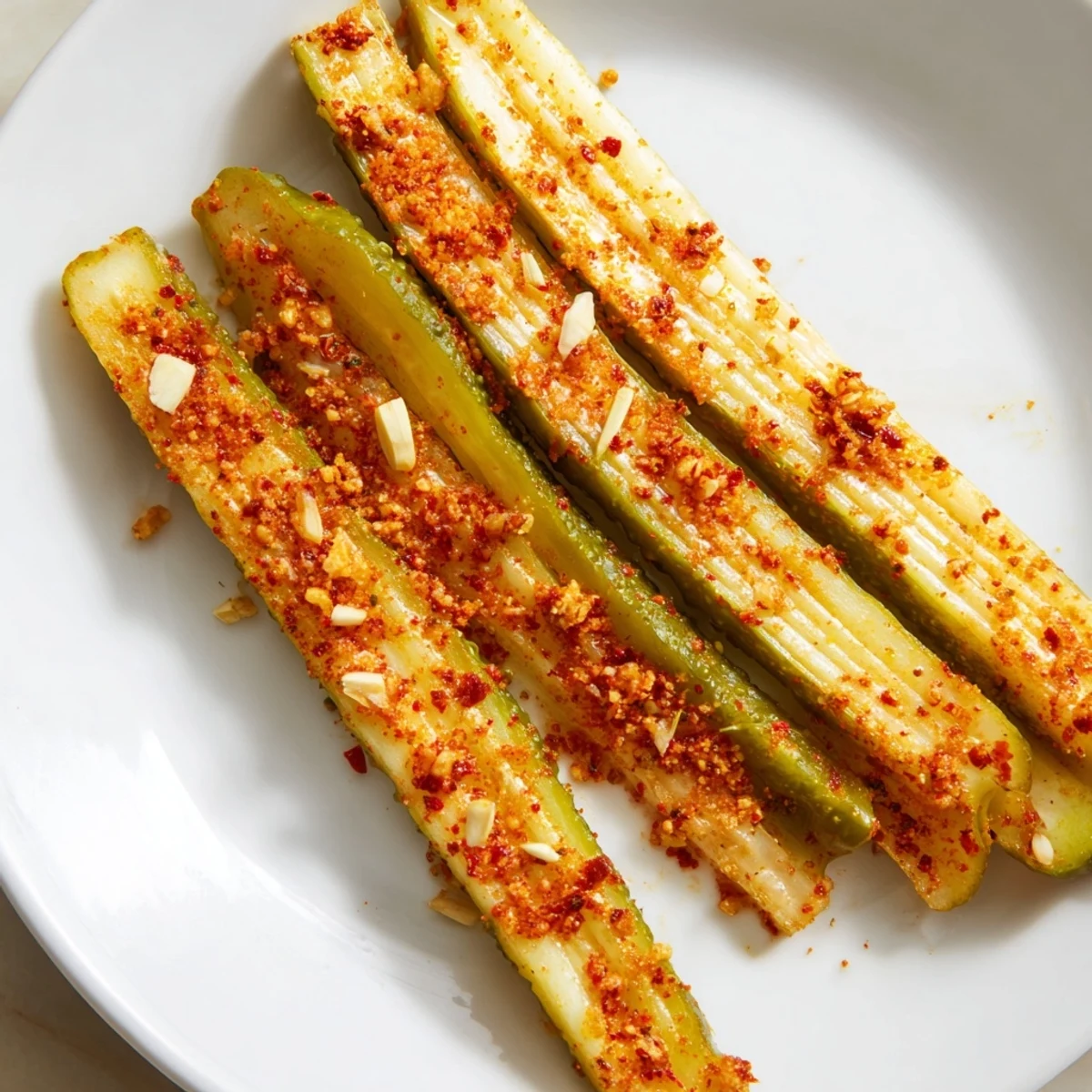 Taco pickles with sliced garlic and jalapeño soaking in seasoned brine, a zesty vegan and gluten-free appetizer.  