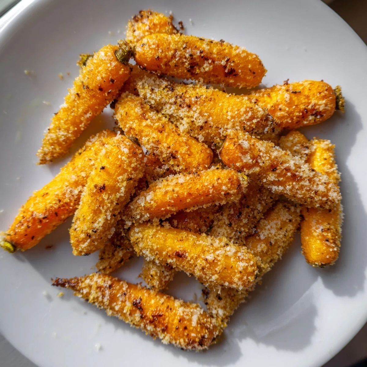 Glistening roasted Parmesan baby carrot chips with a honey glaze and golden, crisp edges.
