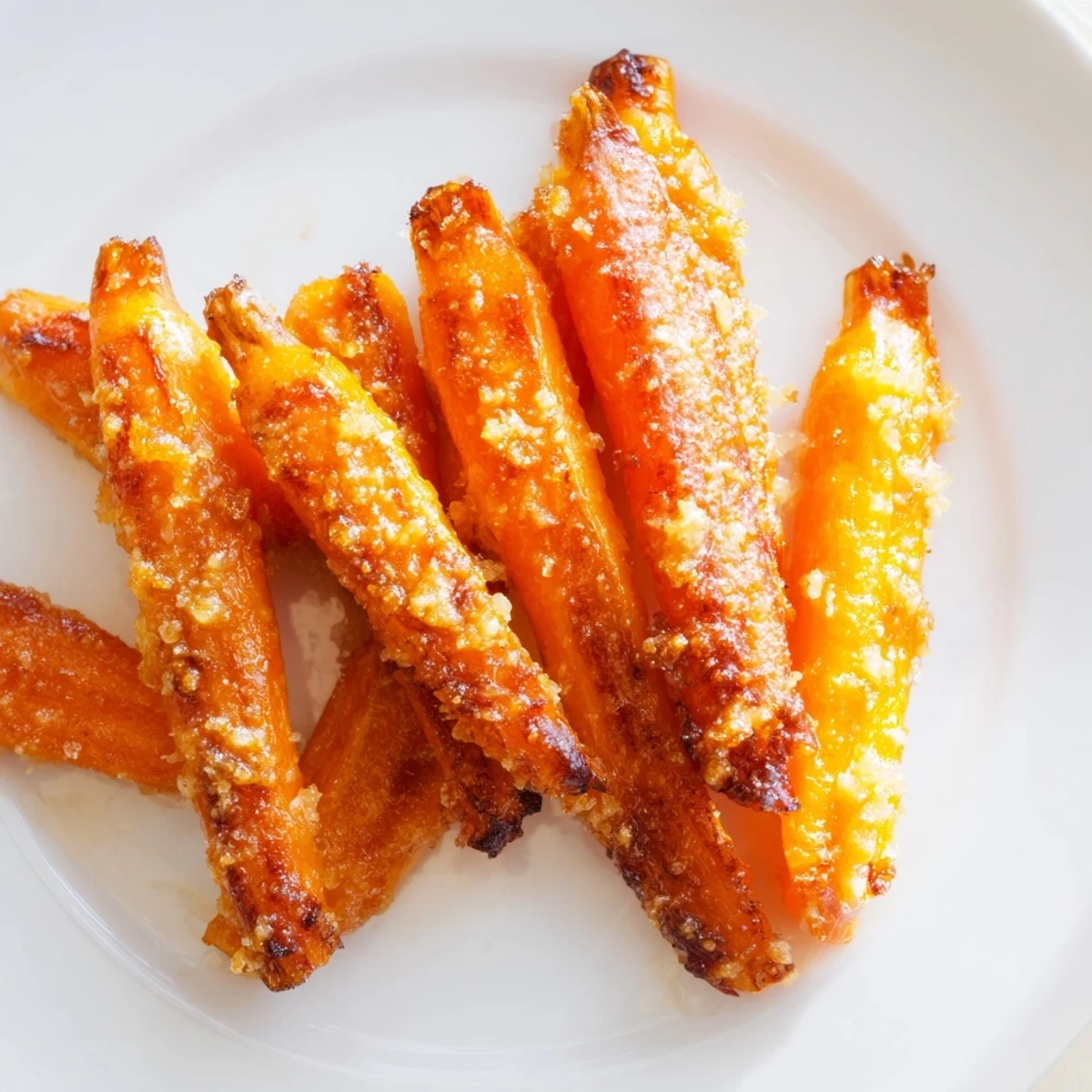 Tender baby carrots coated in Parmesan and honey, roasted until caramelized on a baking sheet.
