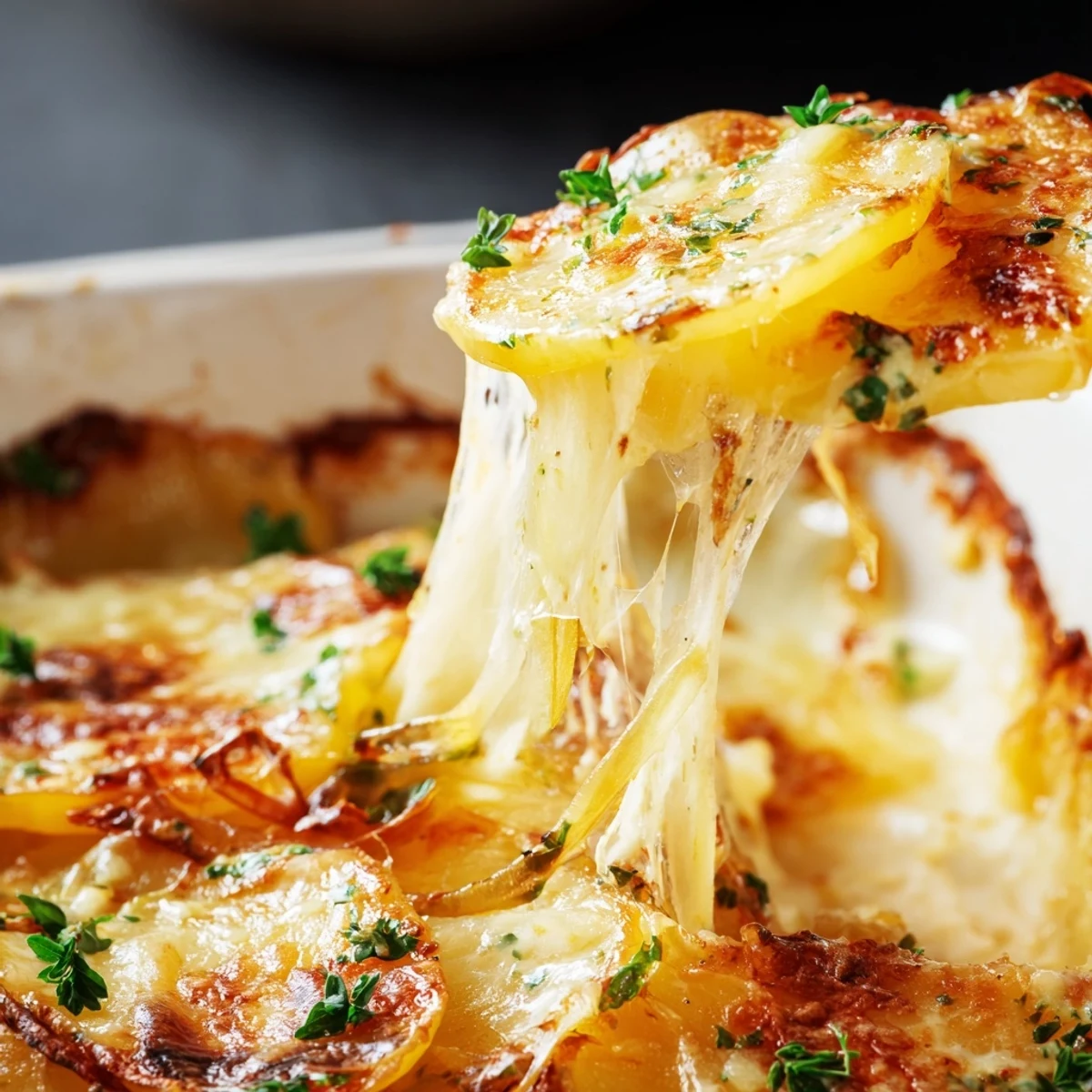Golden roasted potato slices topped with caramelized onions and melted Gruyère cheese, served in a baking dish.