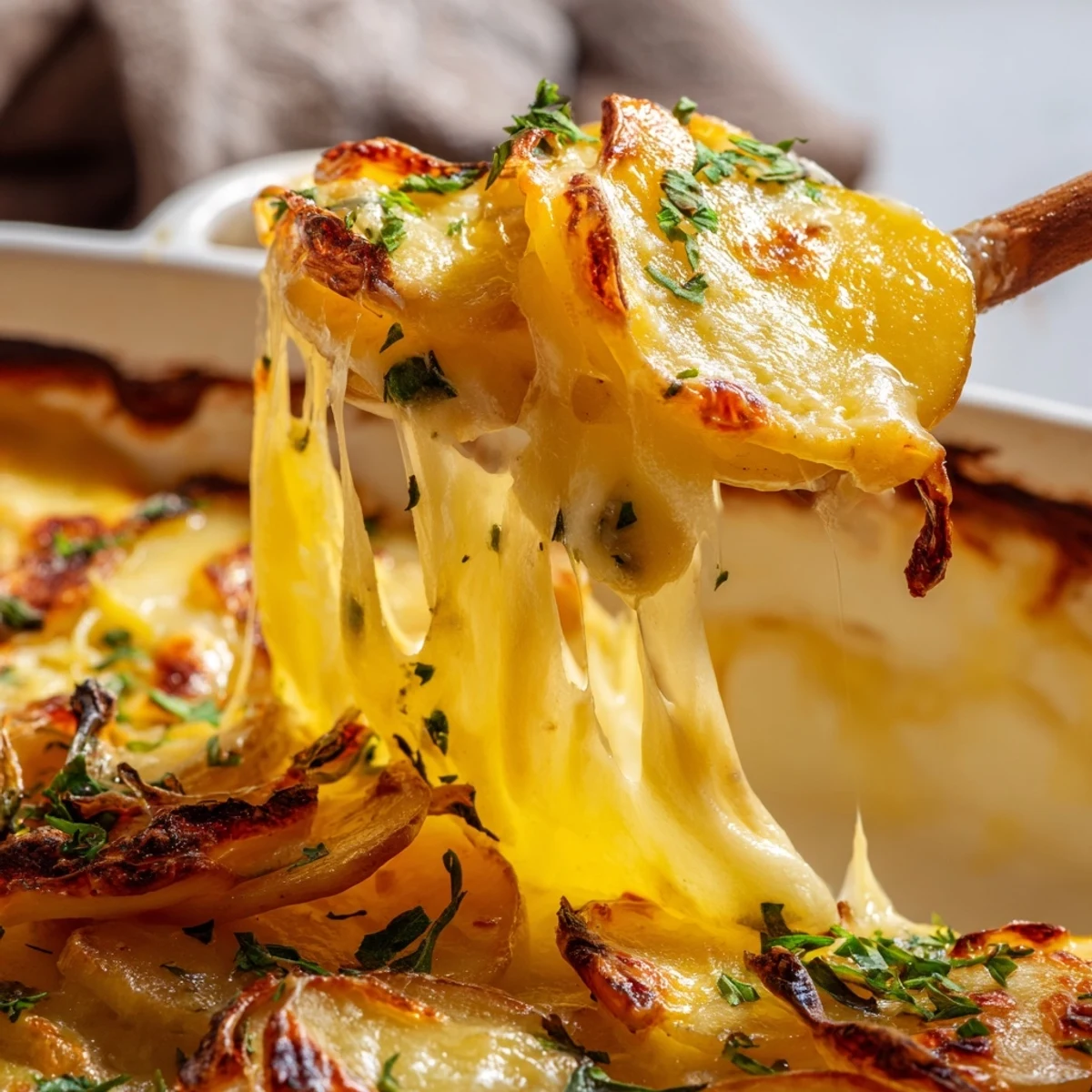 Bubbling Gruyère cheese covers golden roasted potatoes and deep caramelized onions in this French-inspired vegetarian side dish.
