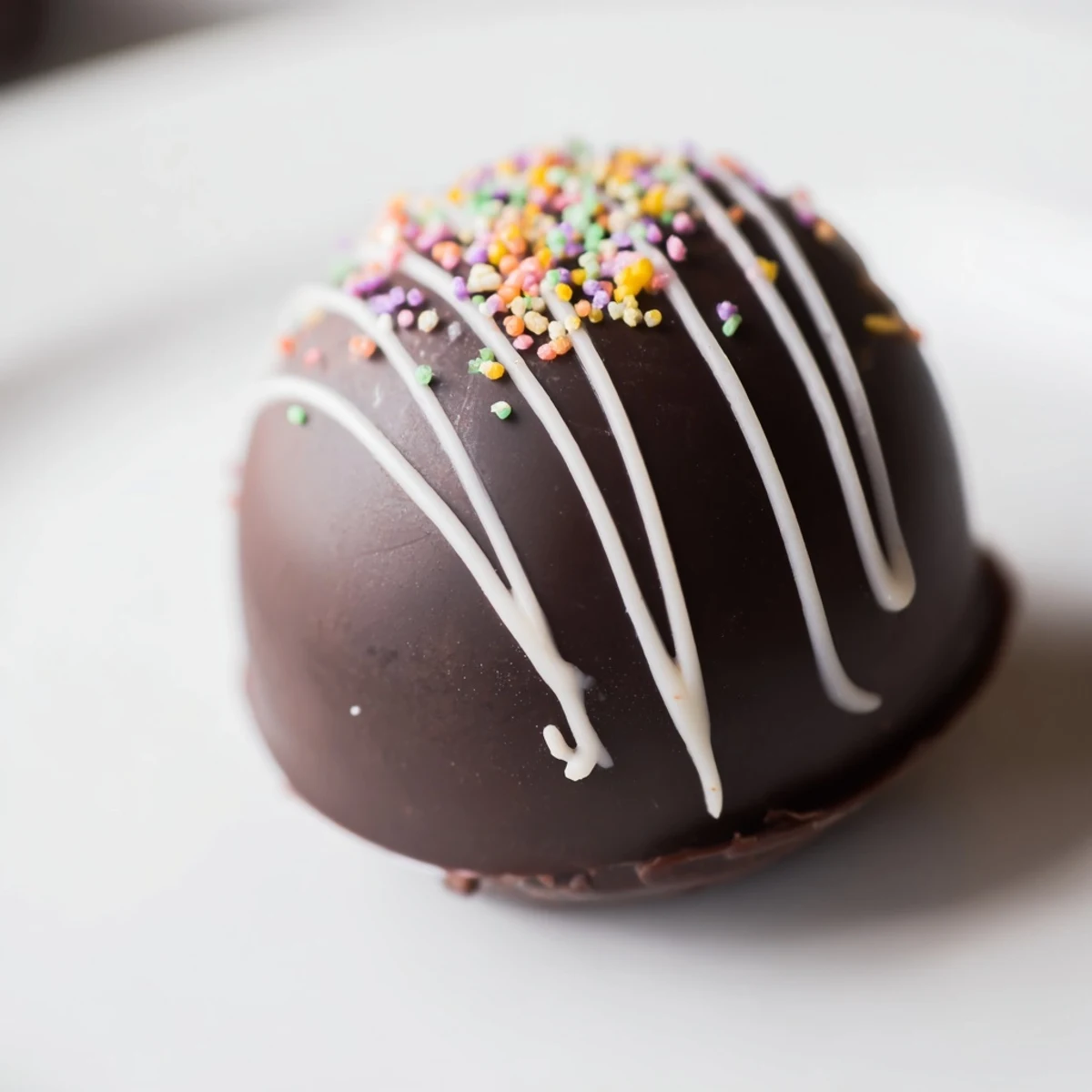 A hand pours steaming hot milk over a decorated hot chocolate bomb in a ceramic mug.
