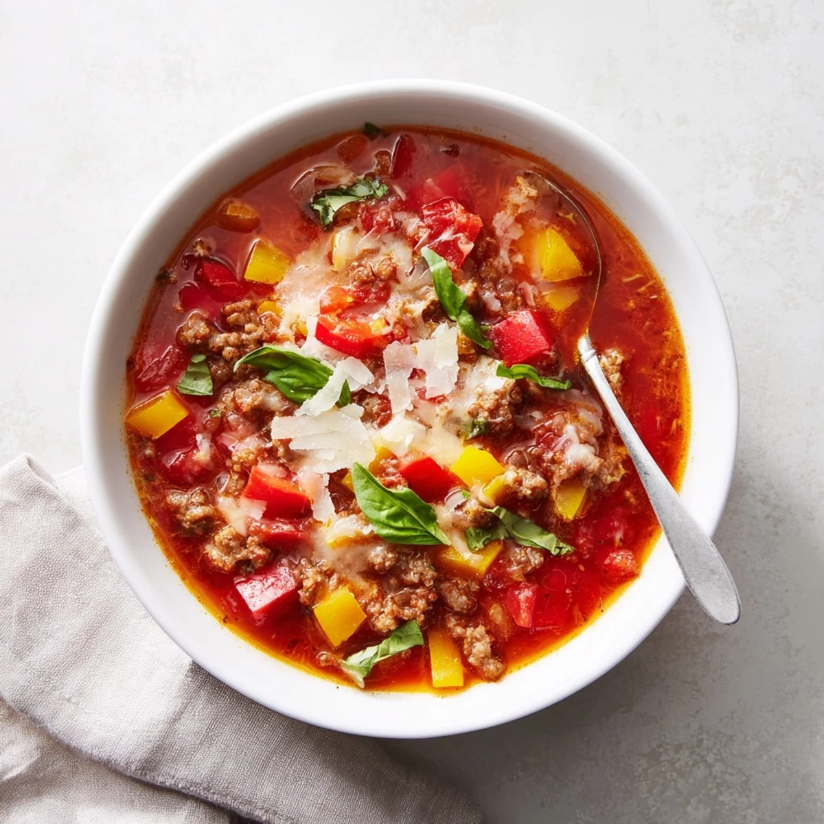 Italian-American Pizza Soup with melted mozzarella and red pepper flakes, garnished with fresh herbs for a cozy, family-friendly meal.