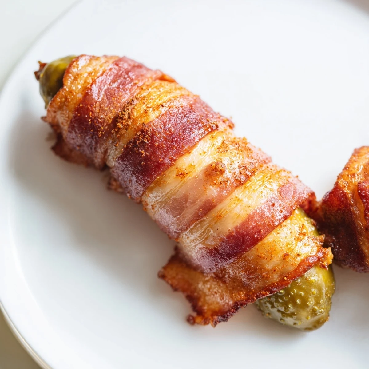 Golden-brown Bacon-Wrapped Pickles baked until crispy, served warm as a gluten-free party appetizer.