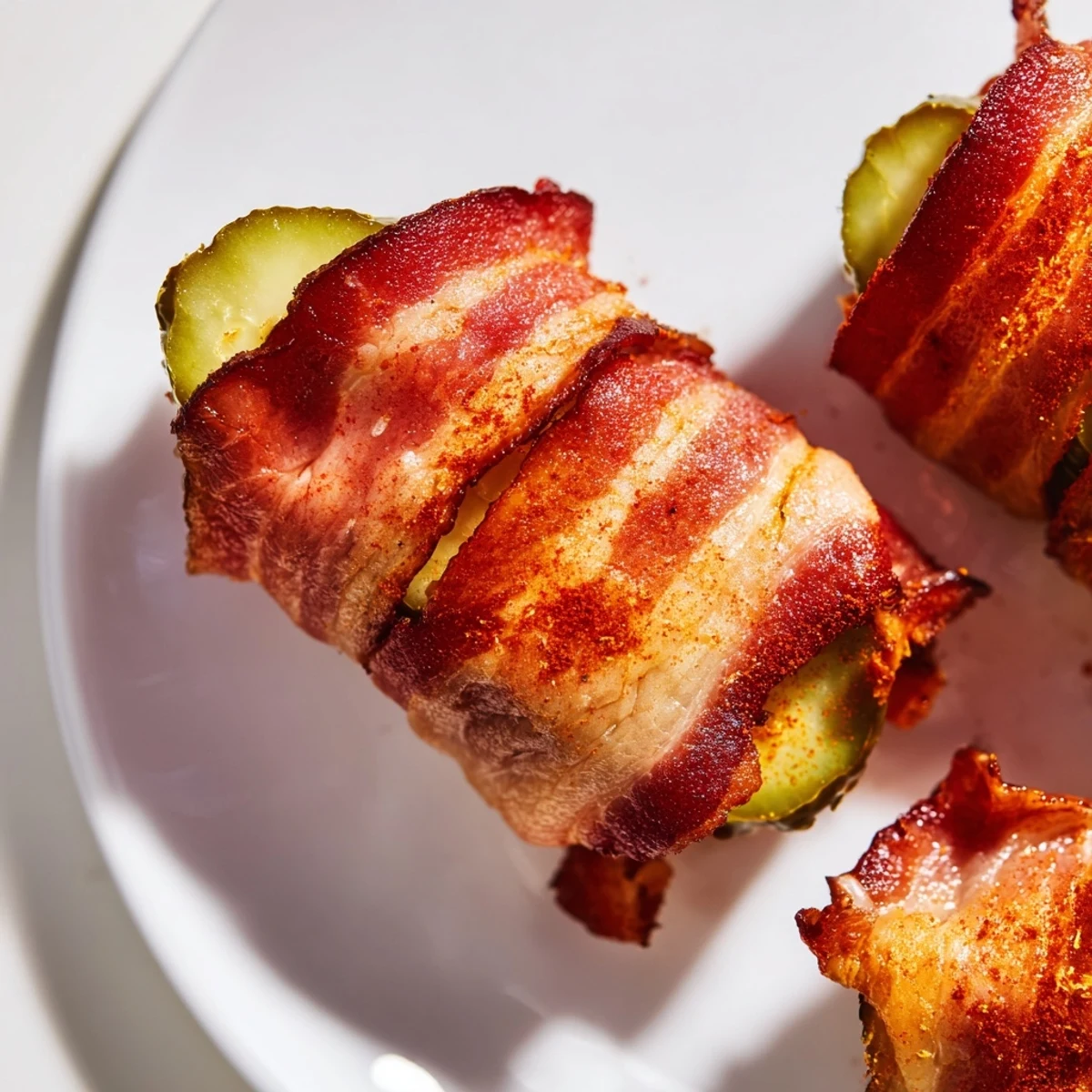 Twelve savory pickle halves wrapped in smoky bacon, arranged on a baking sheet fresh from the oven.