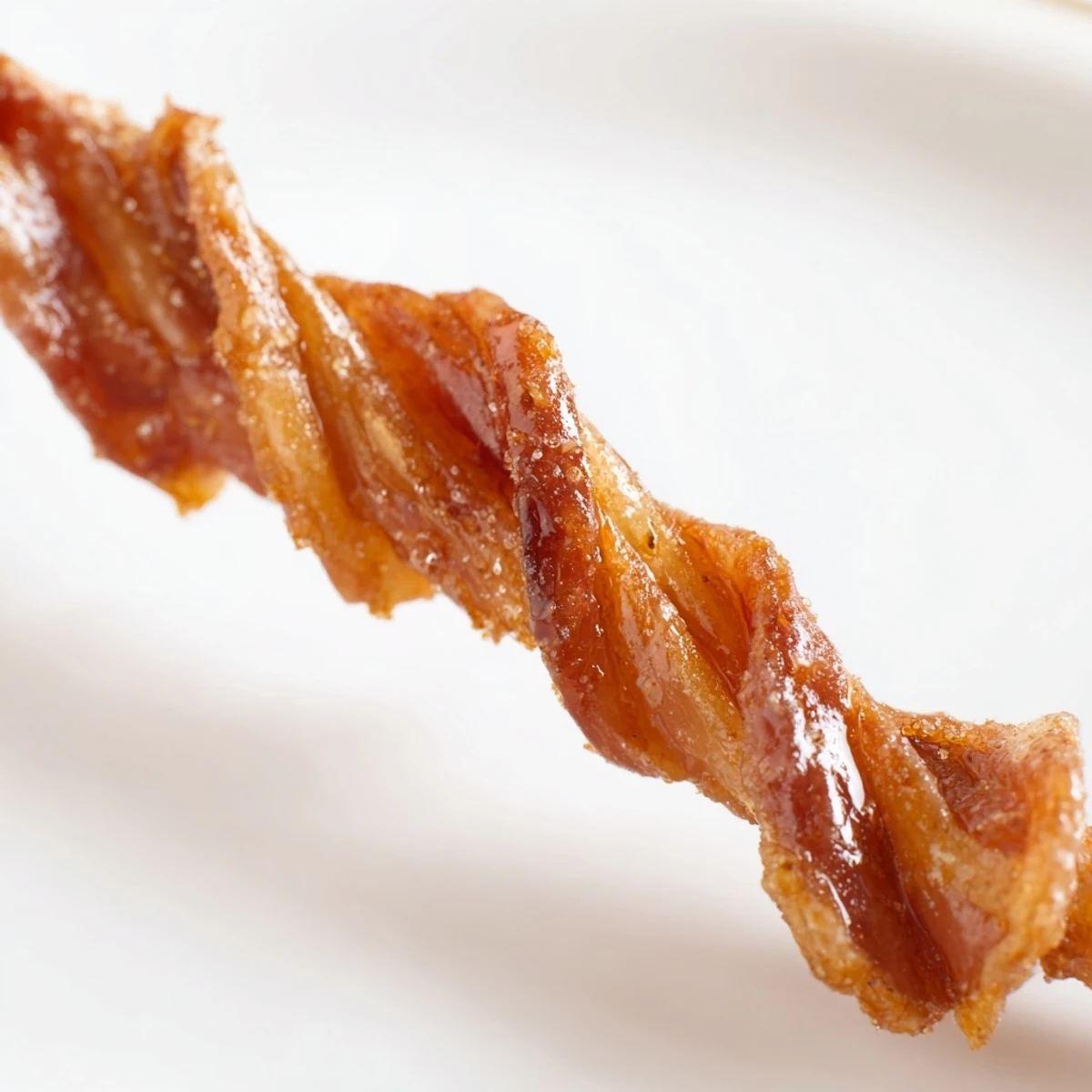 Golden-brown Spiced Bacon Twists glistening with cinnamon sugar, arranged on a wire rack for crisp texture.