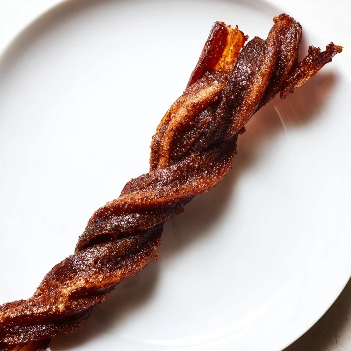 Twisted bacon strips coated in caramelized brown sugar and warm cinnamon spice, baked until perfectly crisp.